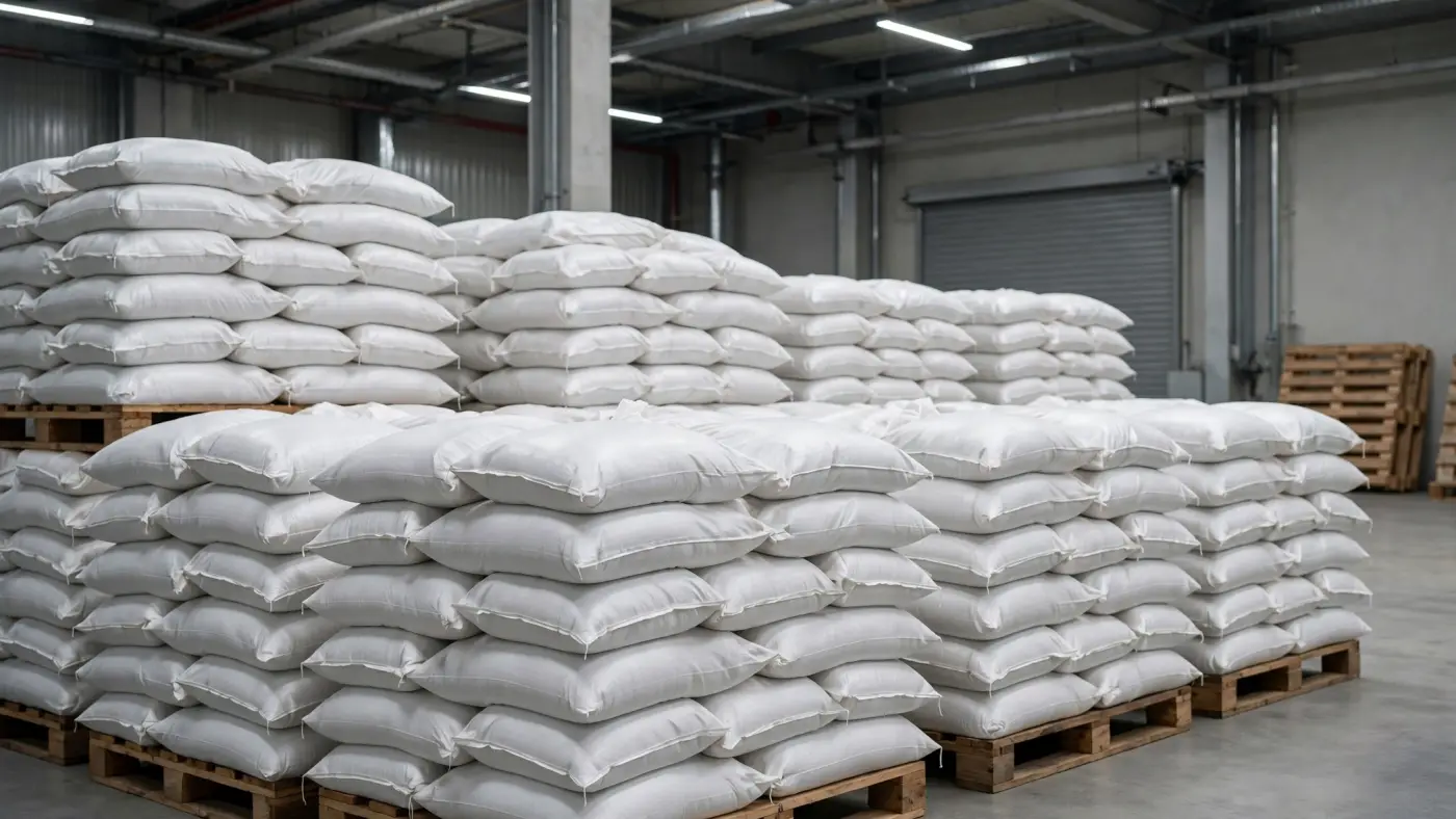 Bolsas de carbonato de litio apiladas en un depósito listas para exportación