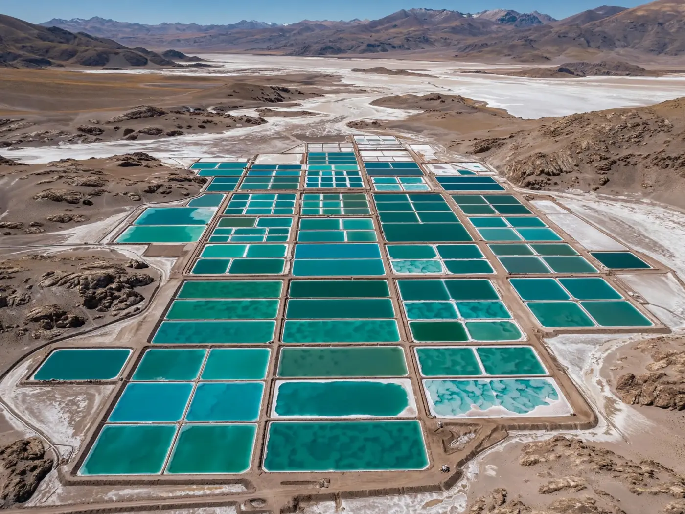 Piletas de evaporación de salmuera en el Salar de Olaroz, Jujuy, Argentina