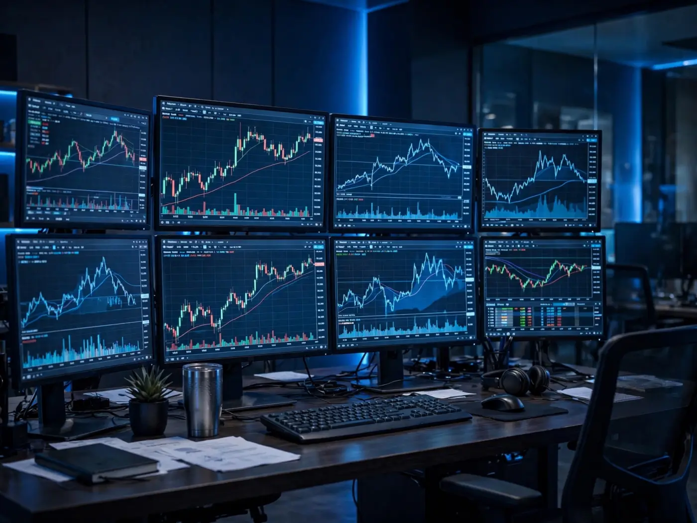 Pantallas de precios con datos del mercado del litio en una sala de operaciones