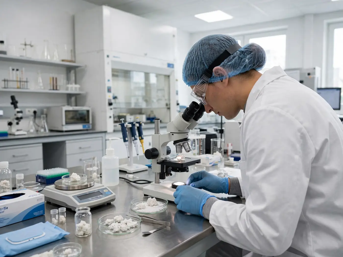 Técnica de control de calidad analizando muestras de litio en laboratorio